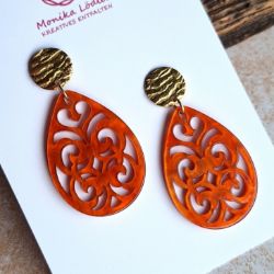 Bild von Ornament-Ohrstecker - Tropfenform aus Resin - flame orange - Stecker Edelstahl gold